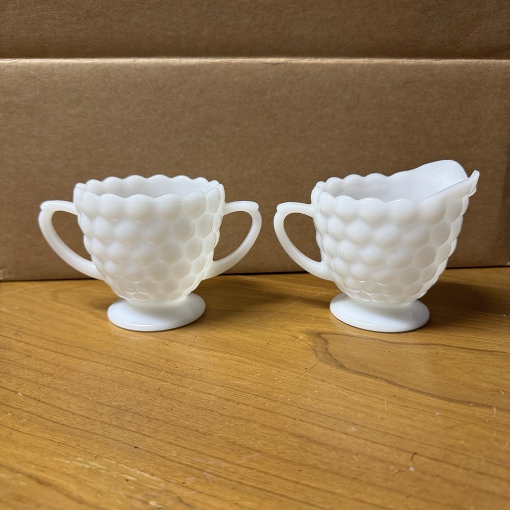 1950s Anchor Hocking Creamer &β Sugar Bowl White Milk Glass Bubble